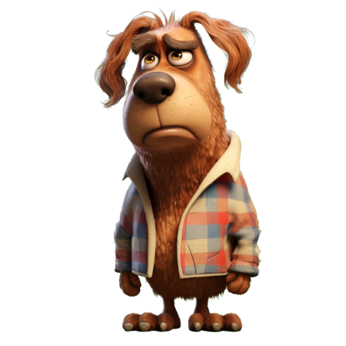 A cartoon dog is wearing a jacket and a red shirt.