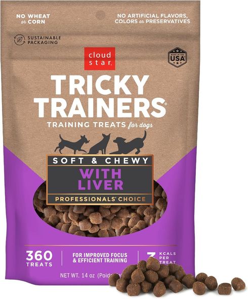 Cloud Star Tricky Trainer soft and chewy dog treats with liver, purple bag with treats spilled out