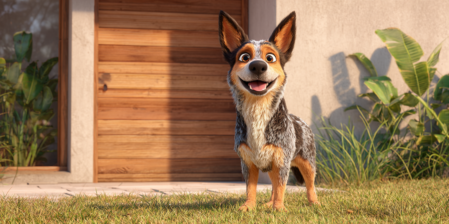 A cartoon dog is standing in the grass in front of a house.