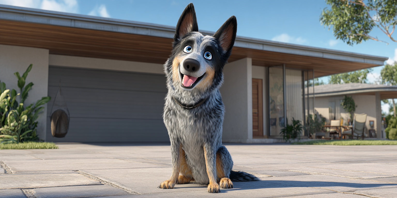 A dog is sitting on the sidewalk in front of a house.