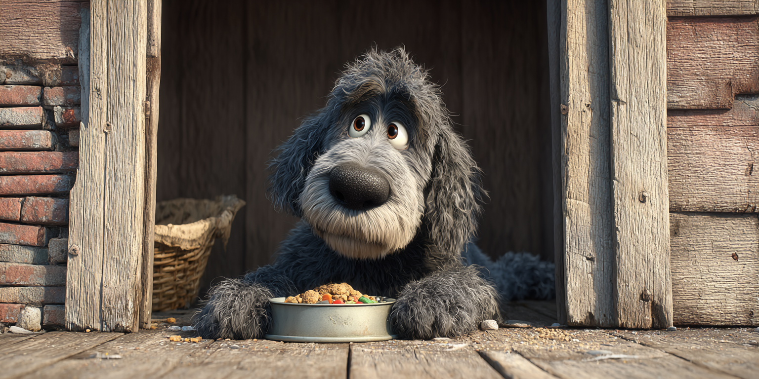 A dog is laying in a doghouse with a bowl of food.