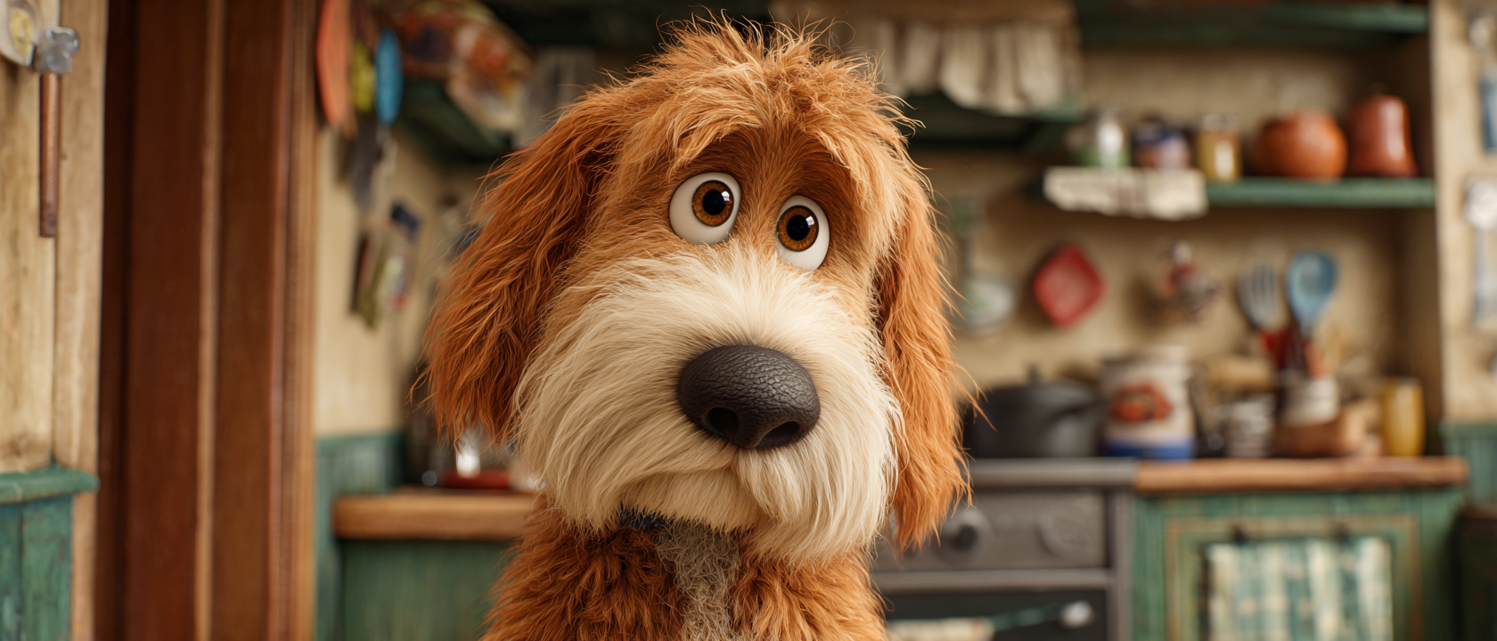A brown dog with shaggy fur looks up, standing in a kitchen with a worried expression.