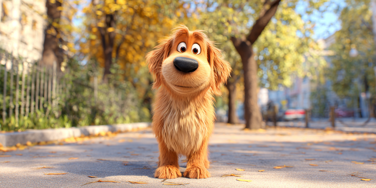A cartoon dog is standing on a sidewalk looking at the camera.