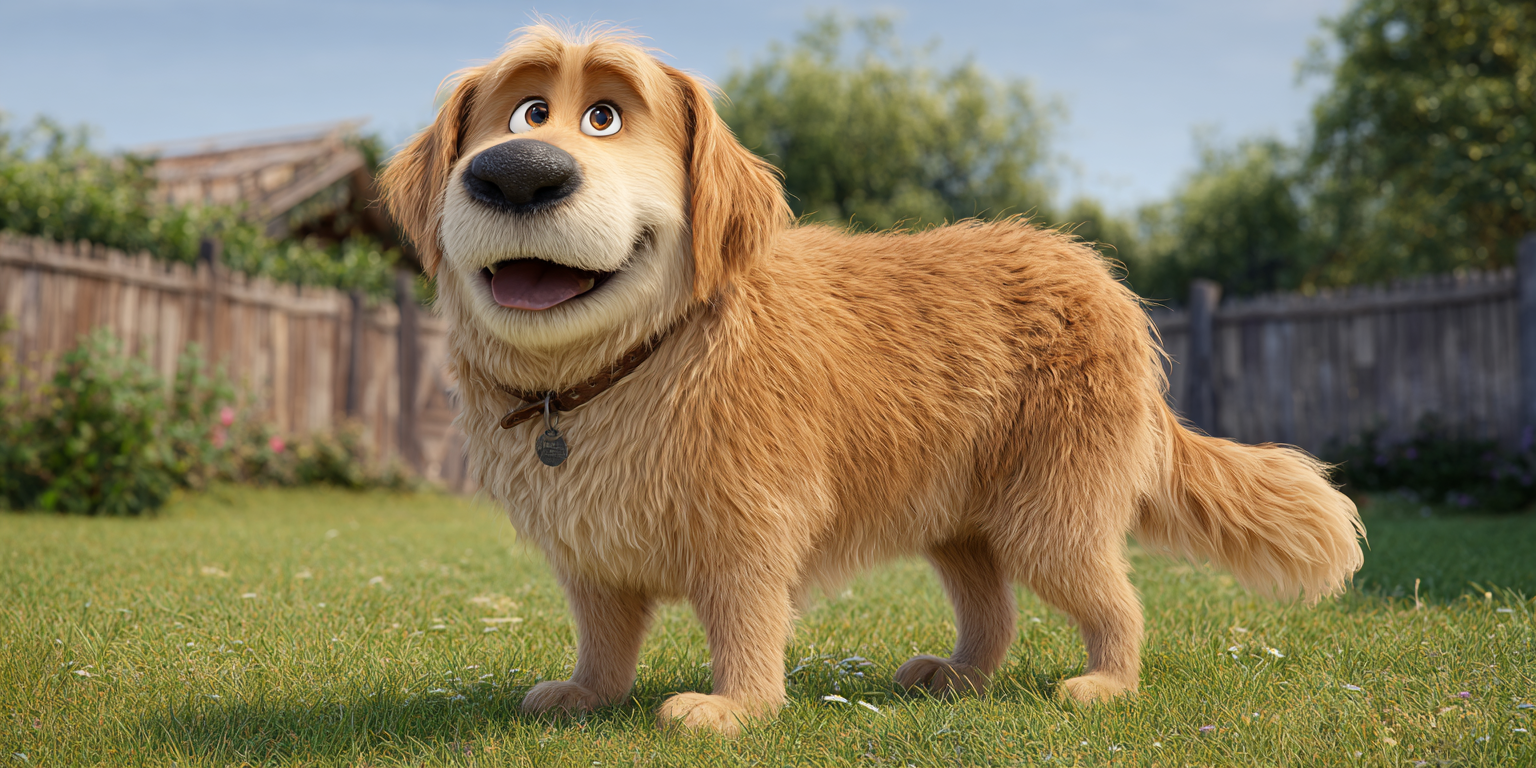 A cartoon dog is standing in the grass and smiling.