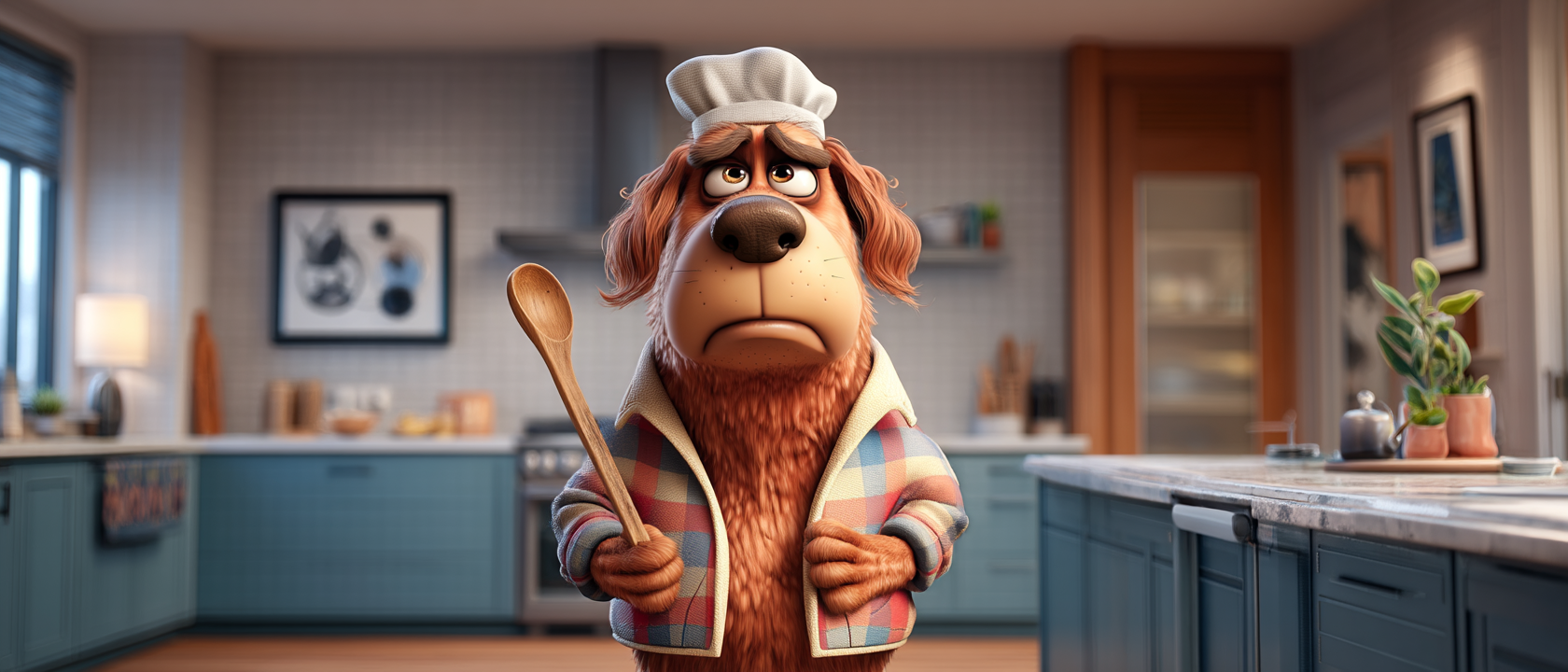 Cartoon dog with shaggy fur, floppy ears, and a big black nose, standing in a kitchen