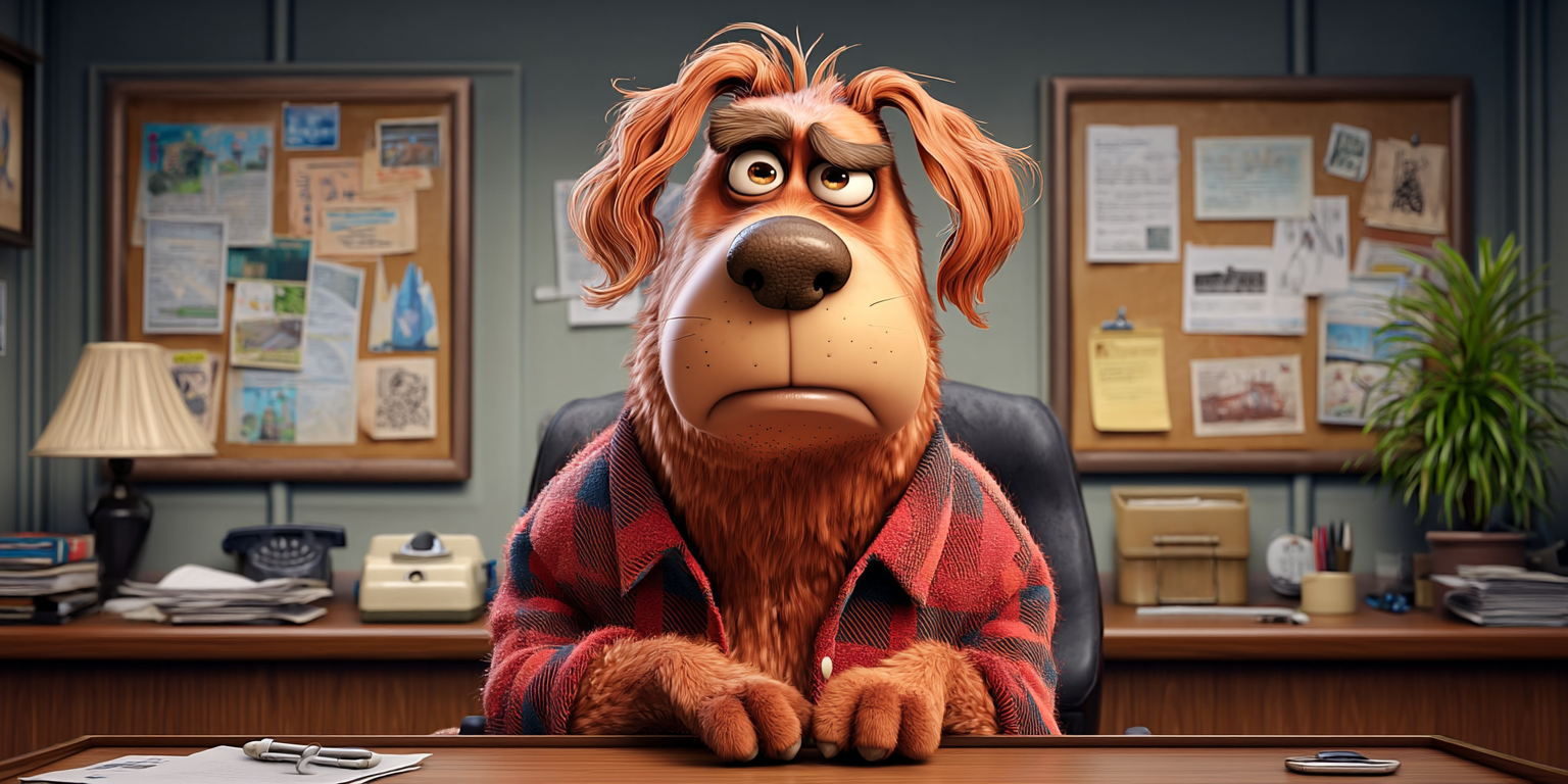 A dog in a red flannel shirt looks bored, sitting at a desk with bulletin boards in the background.