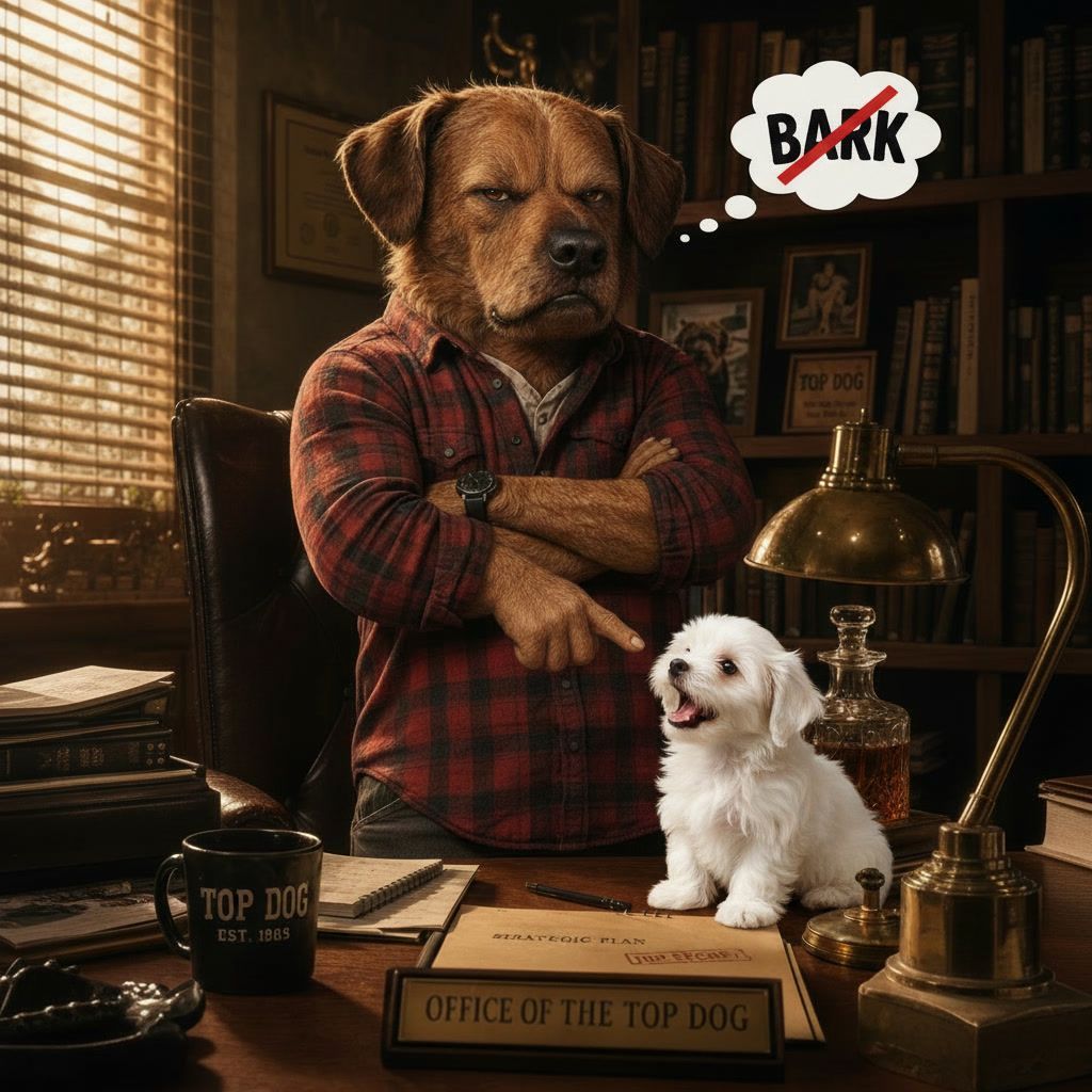 Dog in a red plaid shirt stands in an office beside a small white dog, with a comic bark bubble.