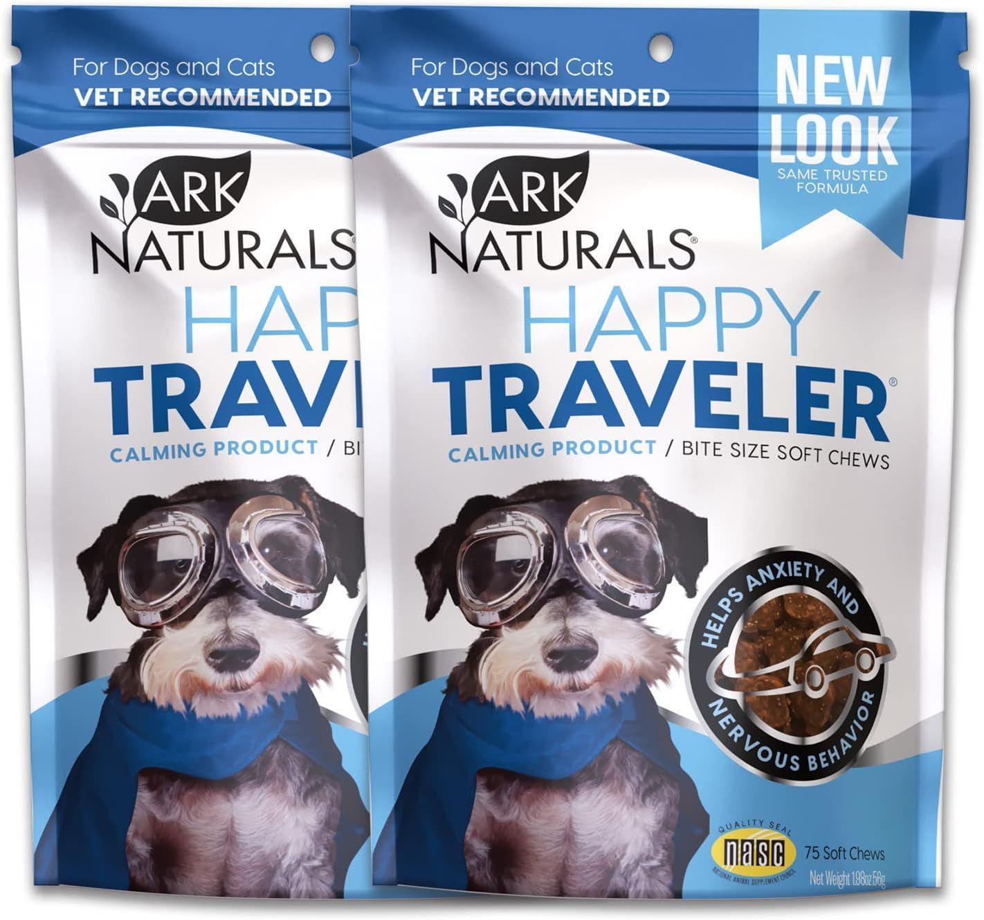Two bags of Ark Naturals Happy Traveler calming chews for dogs, with a dog wearing goggles.