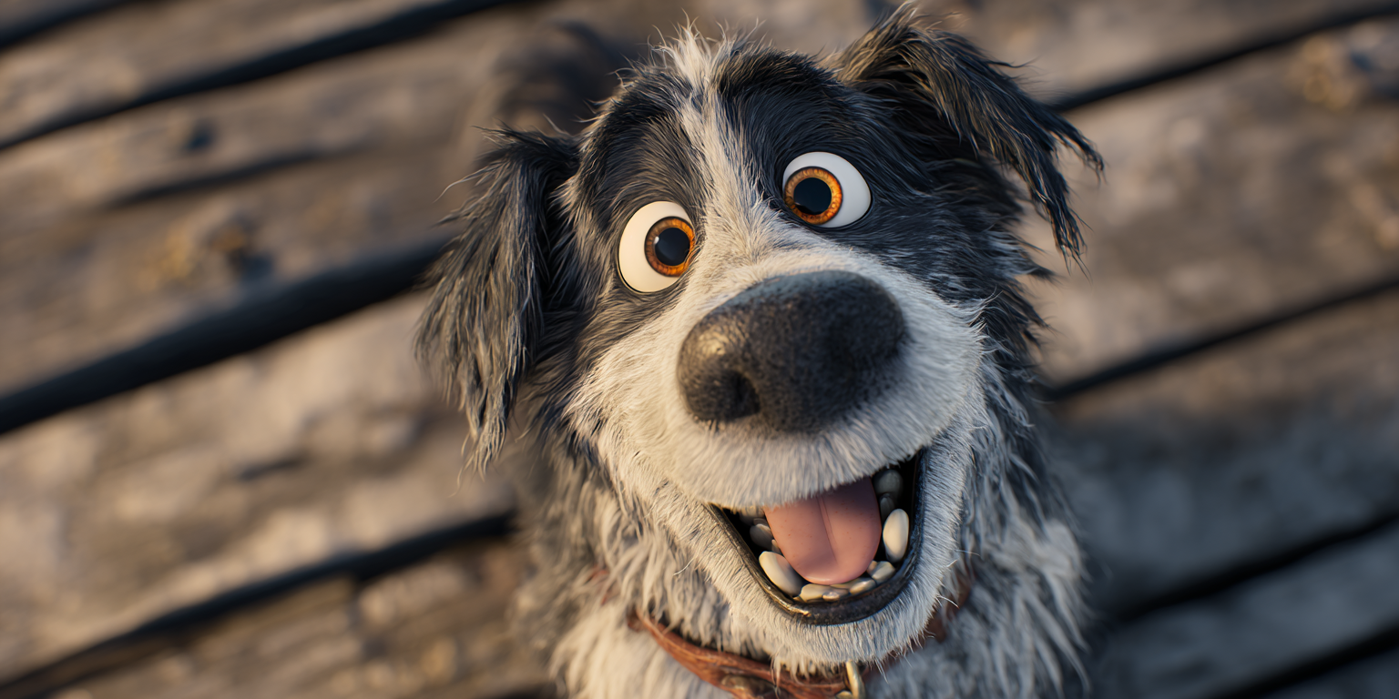 A black and white dog is sitting on a wooden bench and smiling.