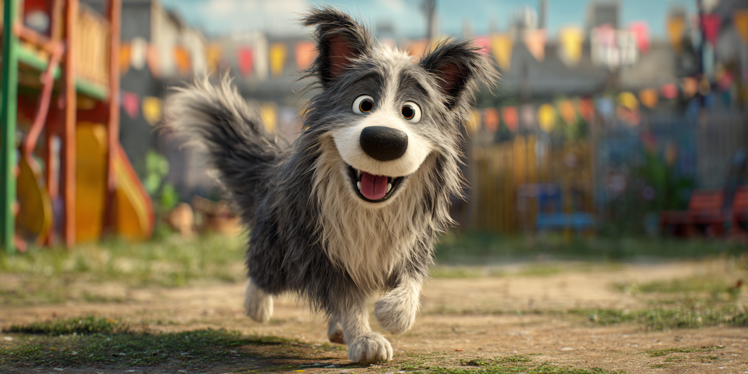 A cartoon dog is running down a dirt road.
