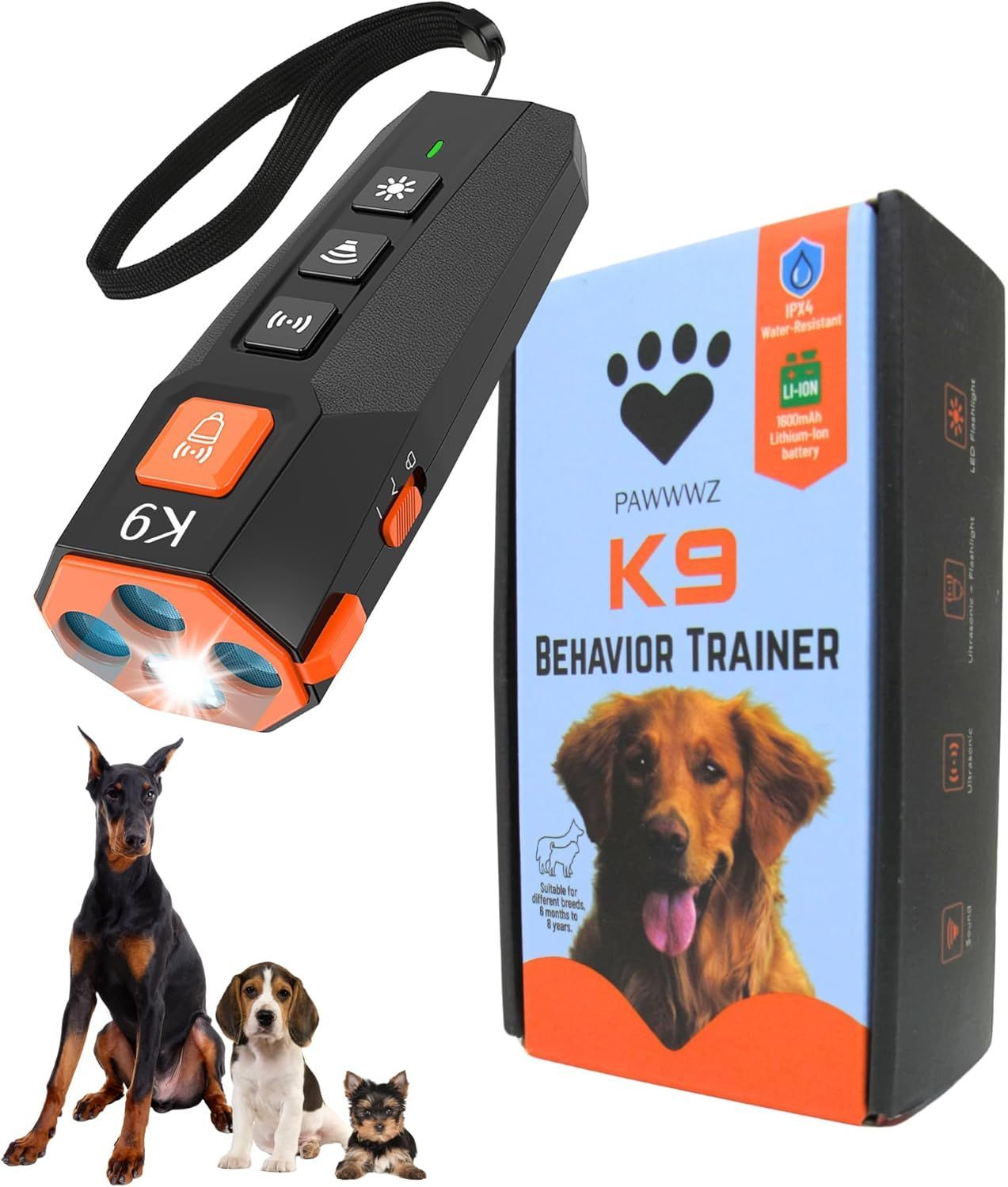 K9 behavior trainer device with dogs. Includes a black remote and box with golden retriever image.
