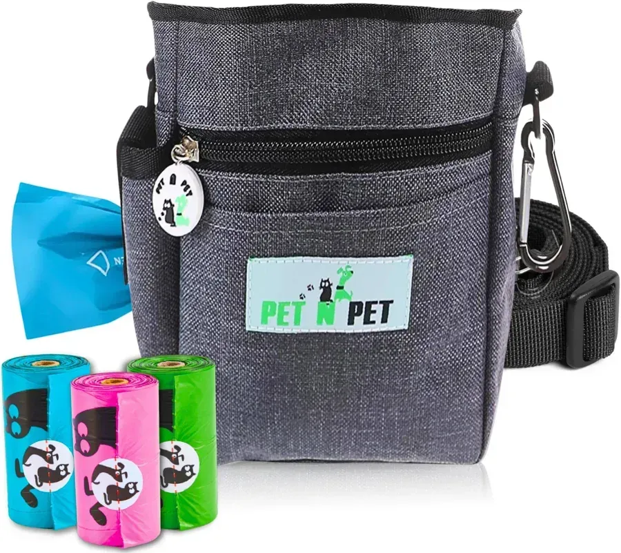 Dog treat bag and waste bag rolls: gray pouch, black strap, blue/pink/green rolls.