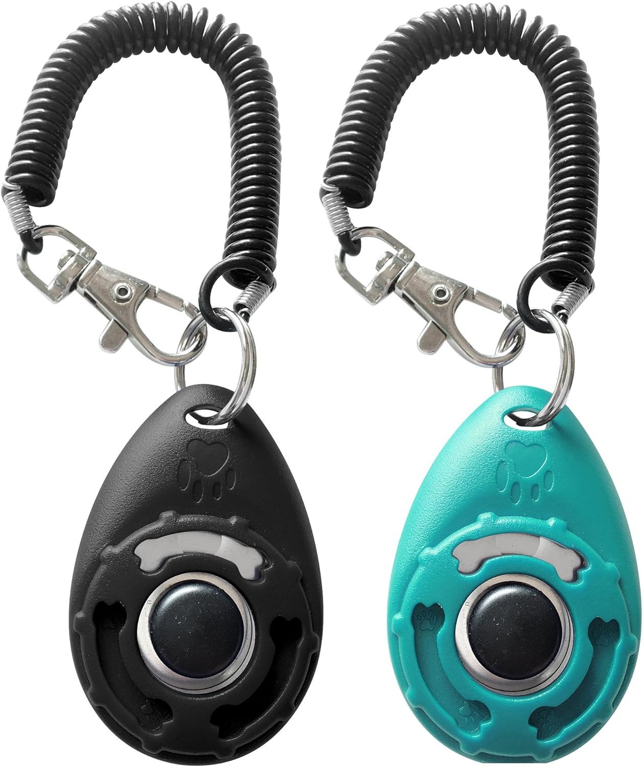 Two dog training clickers: black and teal, attached to coiled lanyards with silver clips.