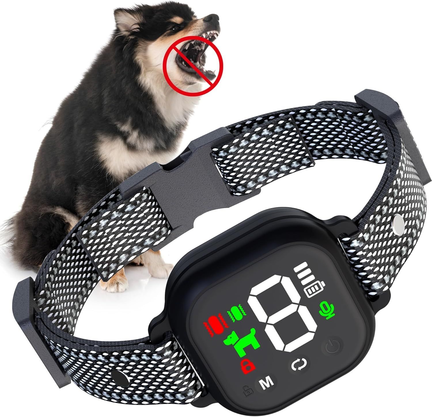 Dog wearing a bark collar; screen showing level 8. Red 