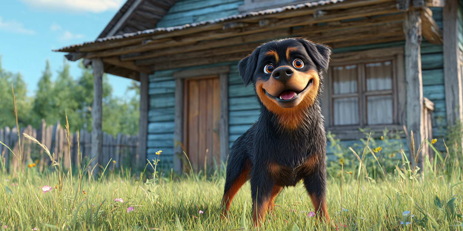 A cartoon dog is standing in the grass in front of a house.