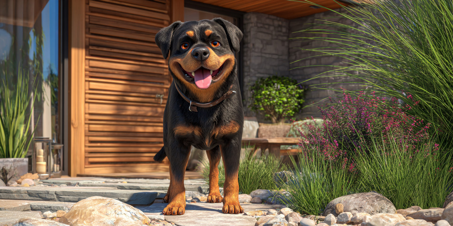 A rottweiler dog is standing in front of a house.