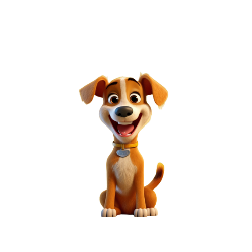Cartoon dog with brown fur, sitting and smiling. It has a yellow collar and is against a white background.