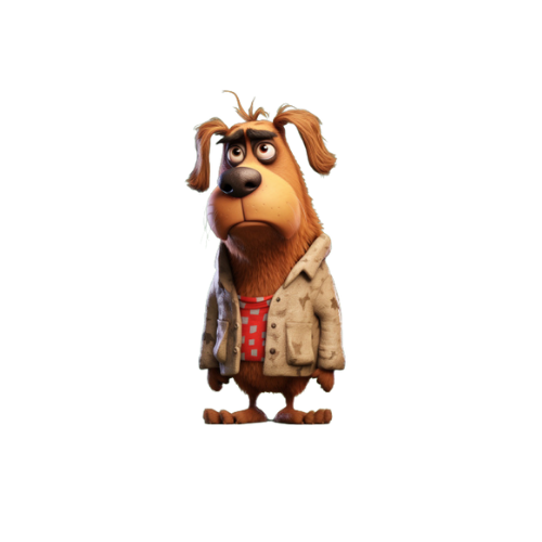 A cartoon dog is wearing a jacket and a red shirt.