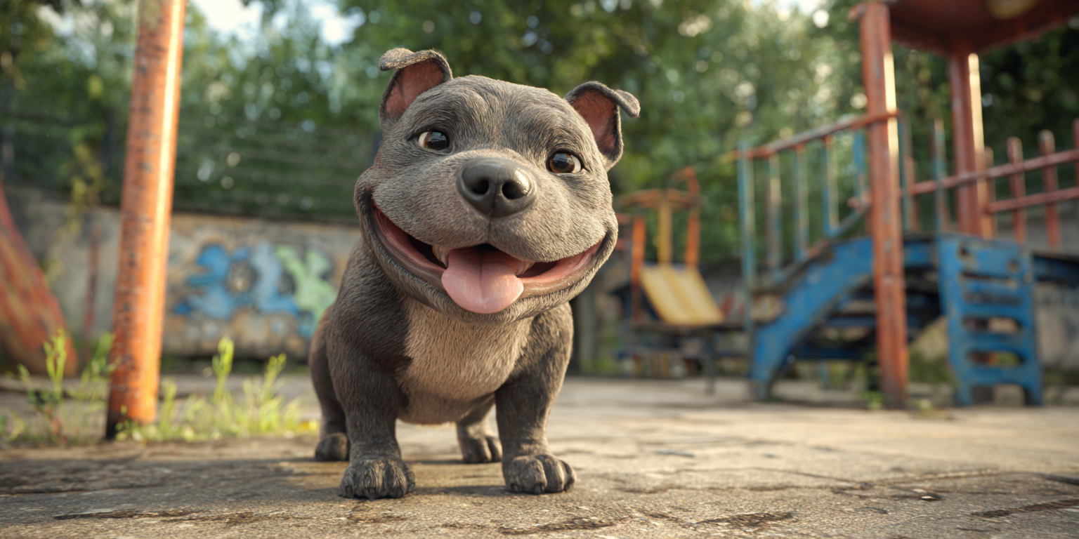 A small dog is standing on a sidewalk in front of a playground and smiling.