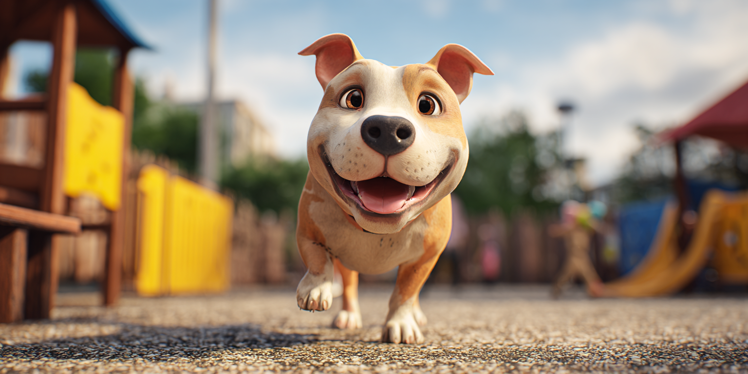 A cartoon dog is running in a park and smiling at the camera.