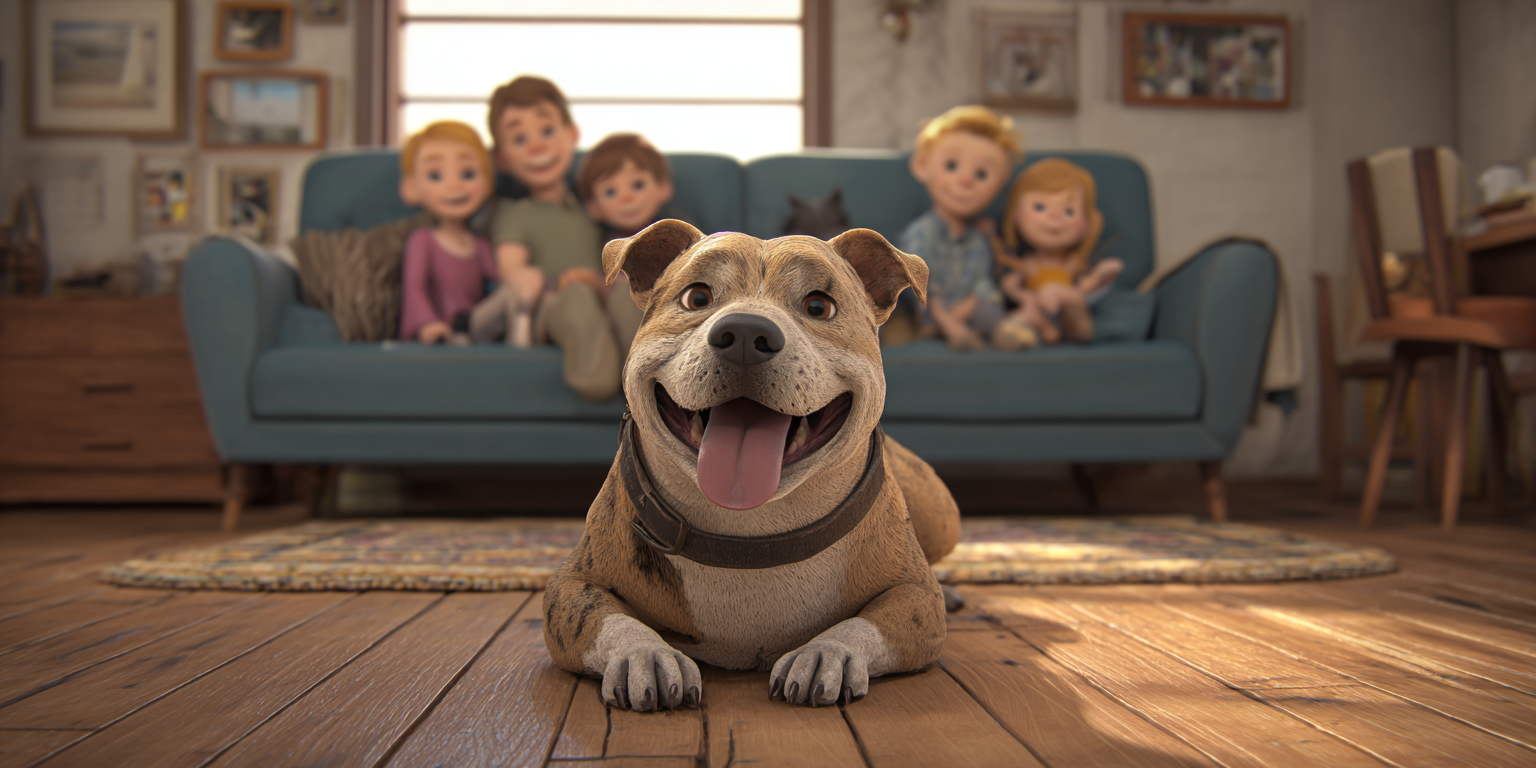 A dog is laying on the floor in front of a family sitting on a couch.