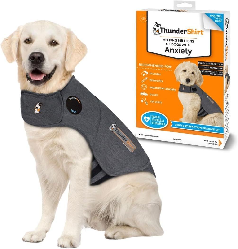 Golden retriever wearing a gray ThunderShirt; product box visible, stating it helps with anxiety.