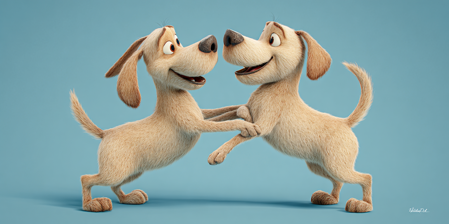 Two cartoon dogs, tan with floppy ears, holding paws and smiling against a blue background.