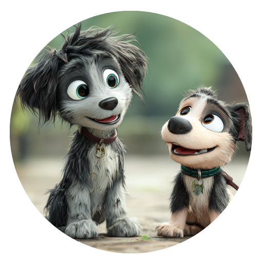 Two cartoon dogs are sitting next to each other in a circle.