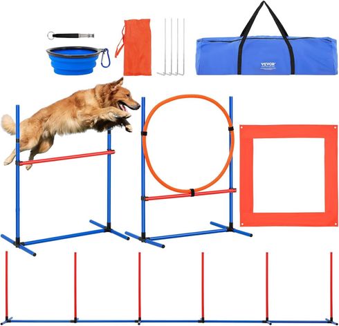 Beige dog treat bag with blue accents, and clicker attached.