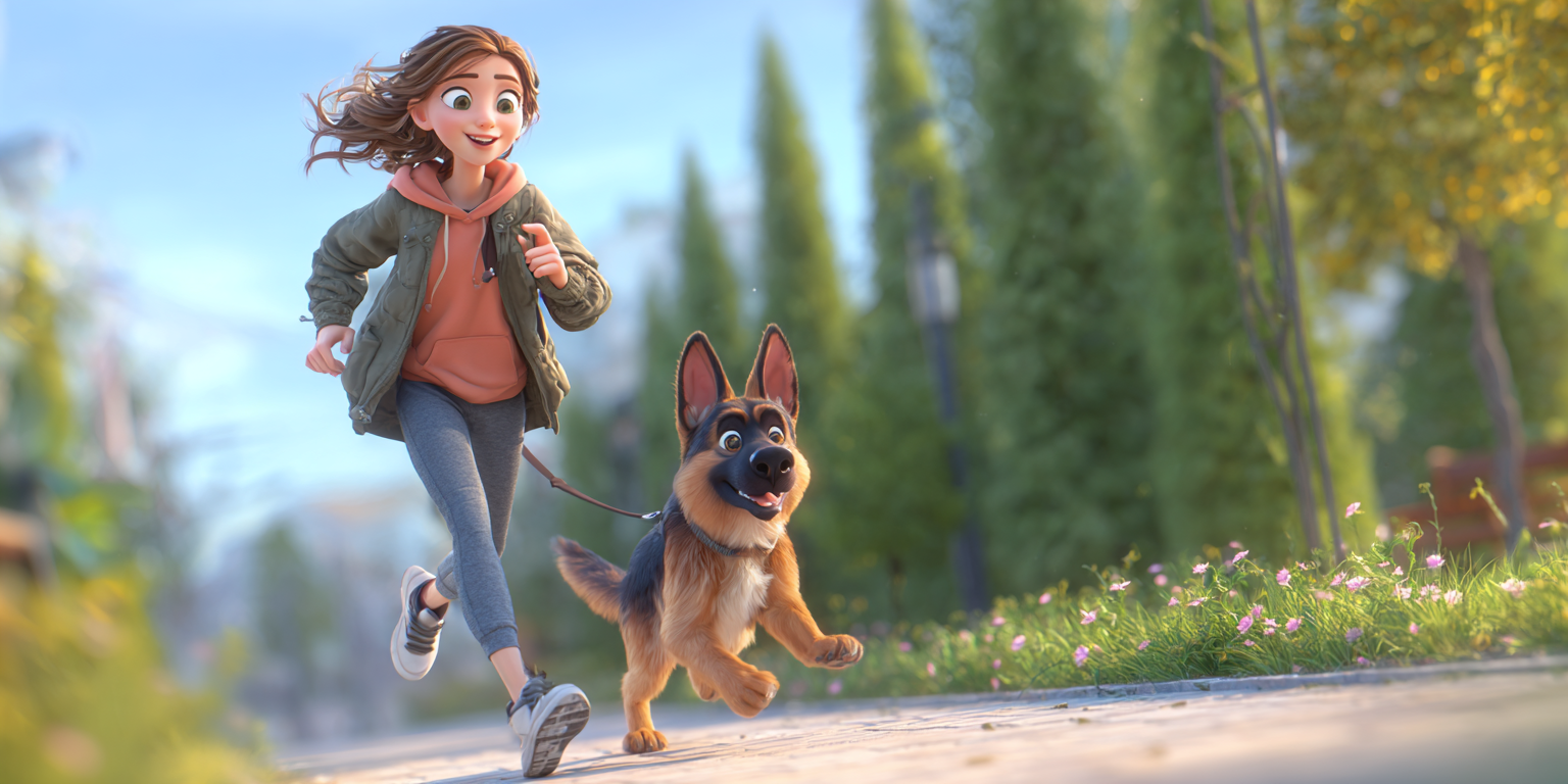 A woman and dog are running on a path, surrounded by trees in a bright, sunny outdoor setting.