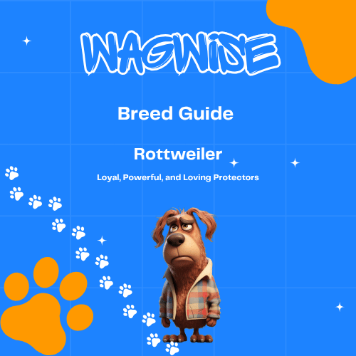 A breed guide for a rottweiler is shown on a blue background