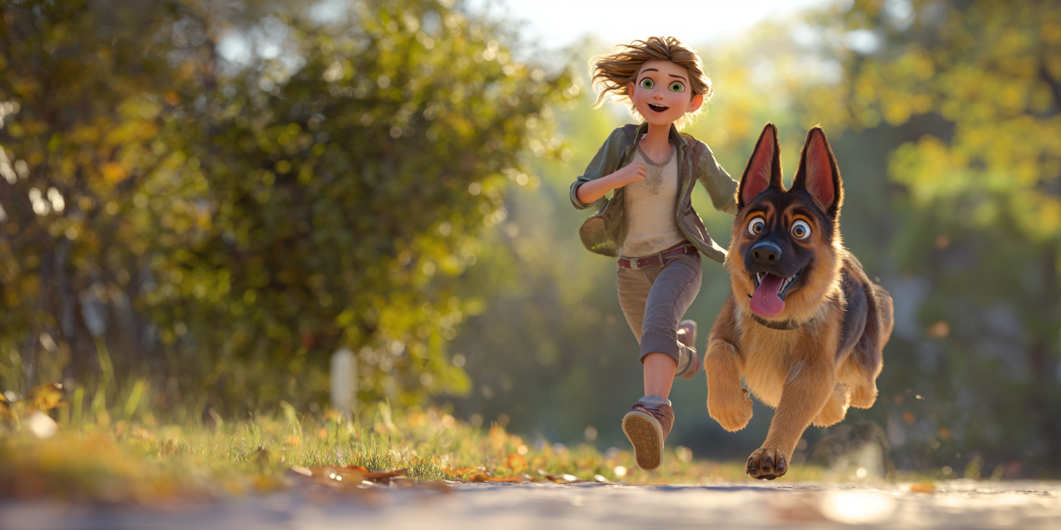 A girl and a German shepherd dog run happily along a path through a park.