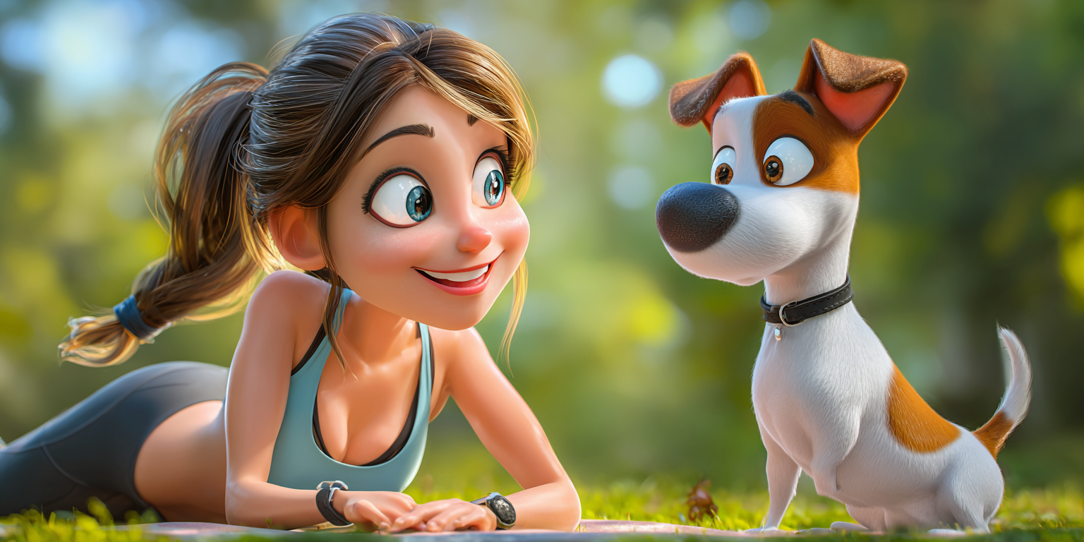 Woman in workout clothes smiles at a cartoon dog in a sunny park.