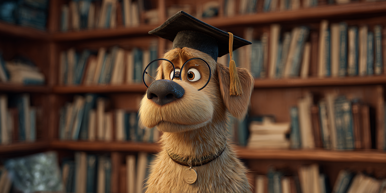 Animated dog with glasses and graduation cap in a library.