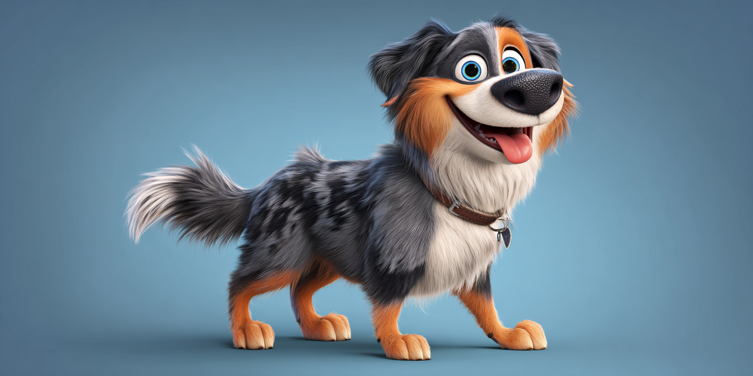 A cartoon dog with a happy expression, blue and brown fur, and a brown collar stands against a blue background.