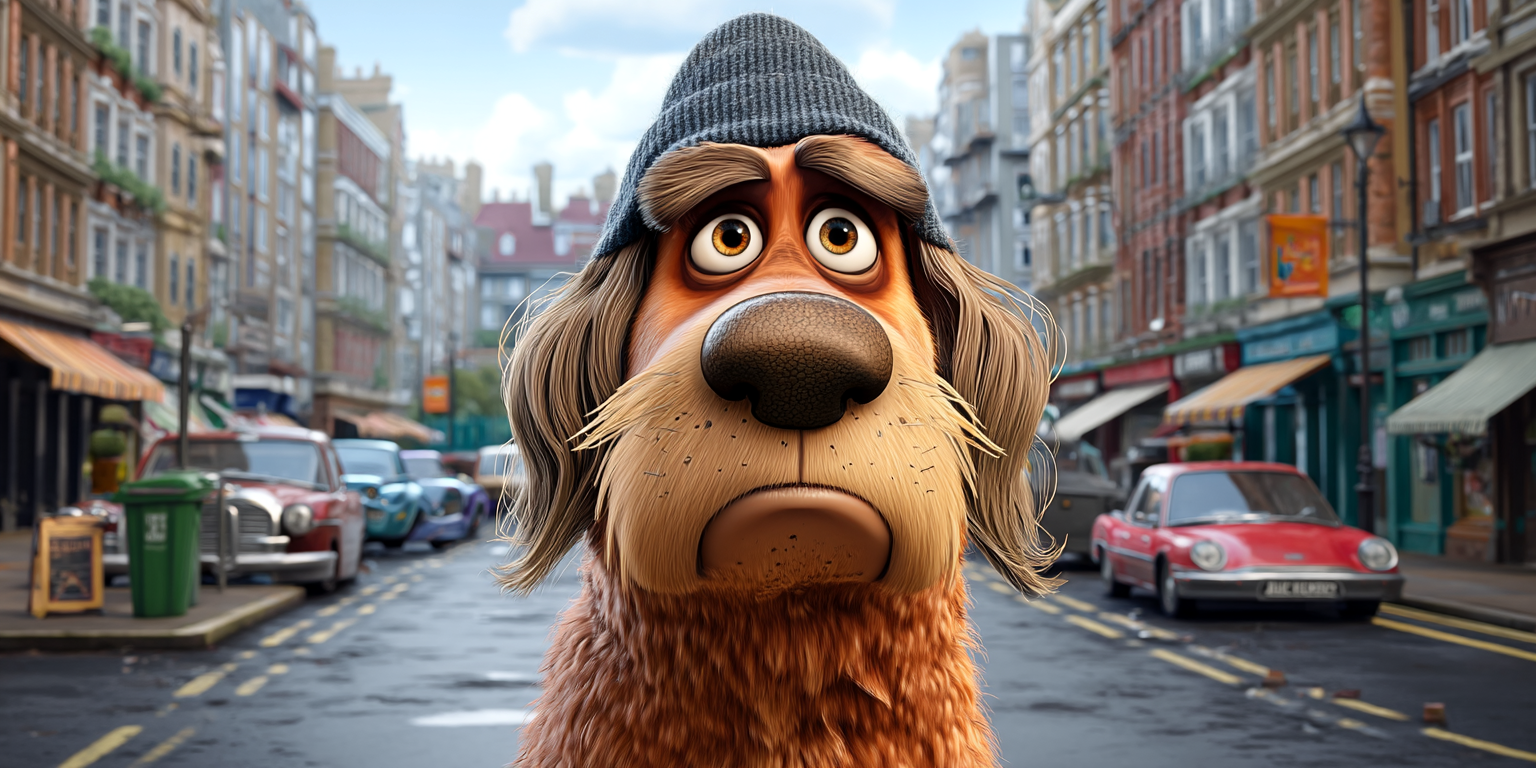 Animated dog with sad eyes wearing a beanie, standing on a London street.