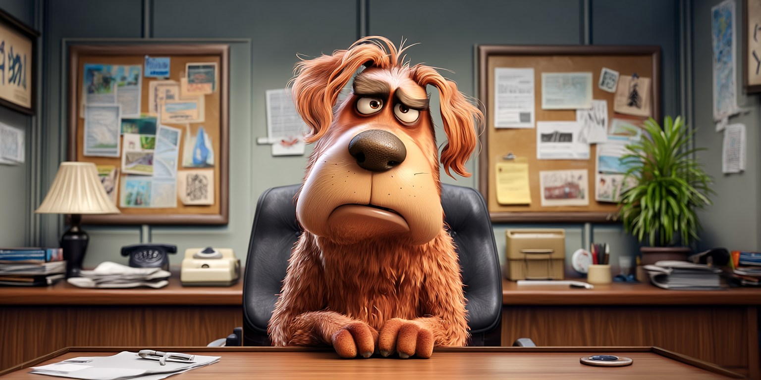 A dog with a sad expression sits at a desk in an office, looking tired.