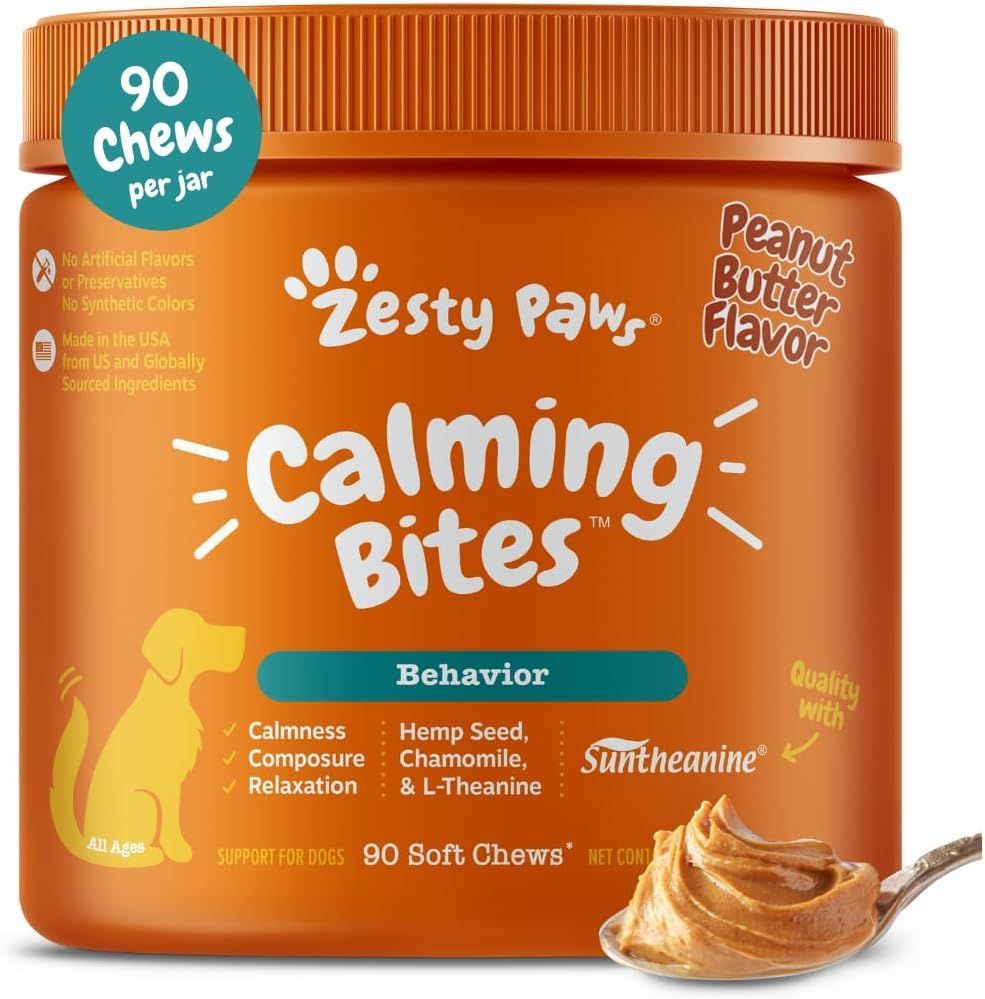 Orange jar of Zesty Paws dog calming chews with peanut butter flavor, 90 chews. Features dog illustration and calming ingredients.