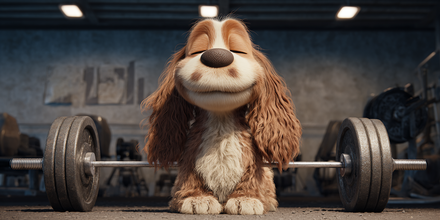 A cartoon dog is sitting next to a barbell in a gym.