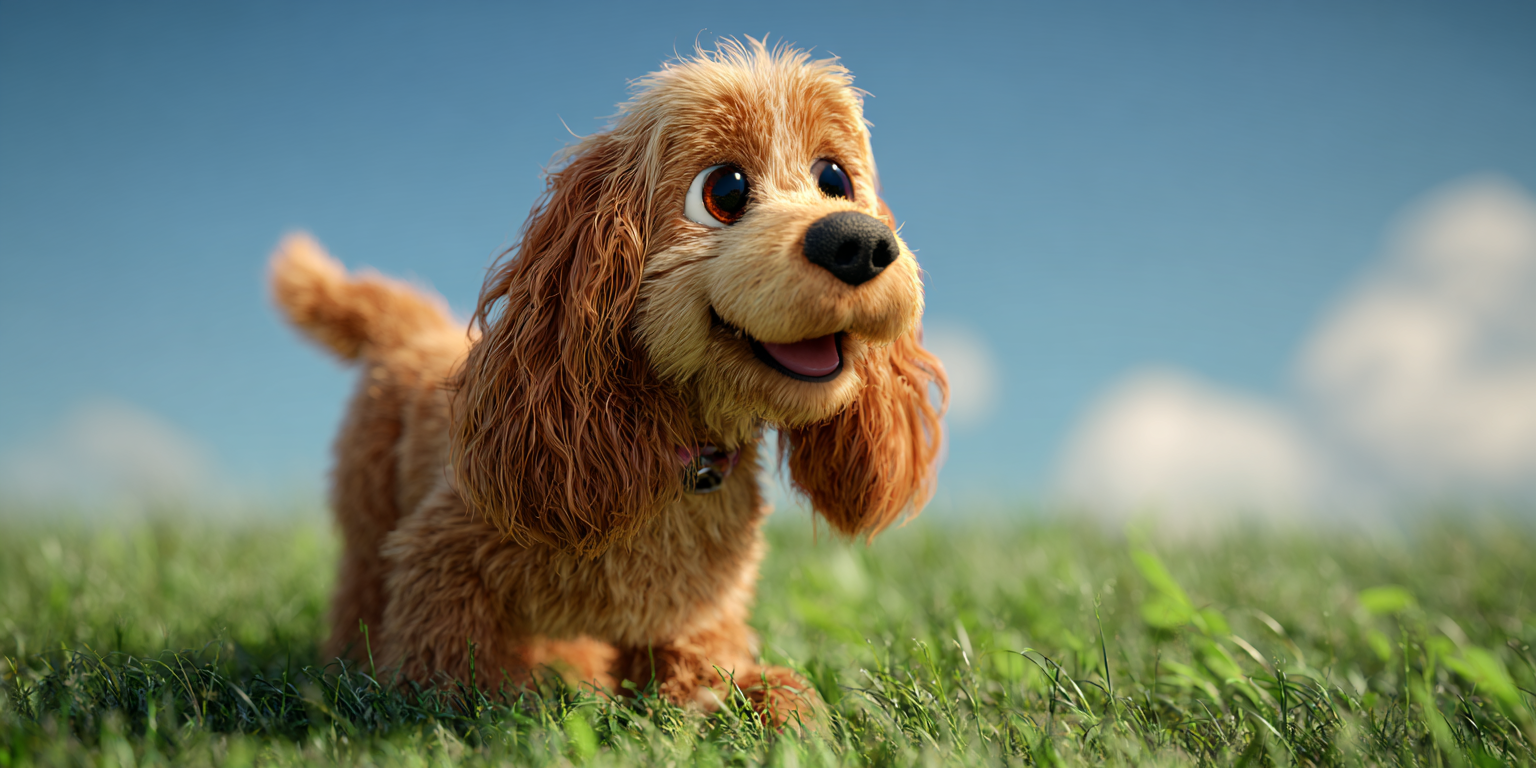 A cocker spaniel is sitting in the grass and looking at the camera.