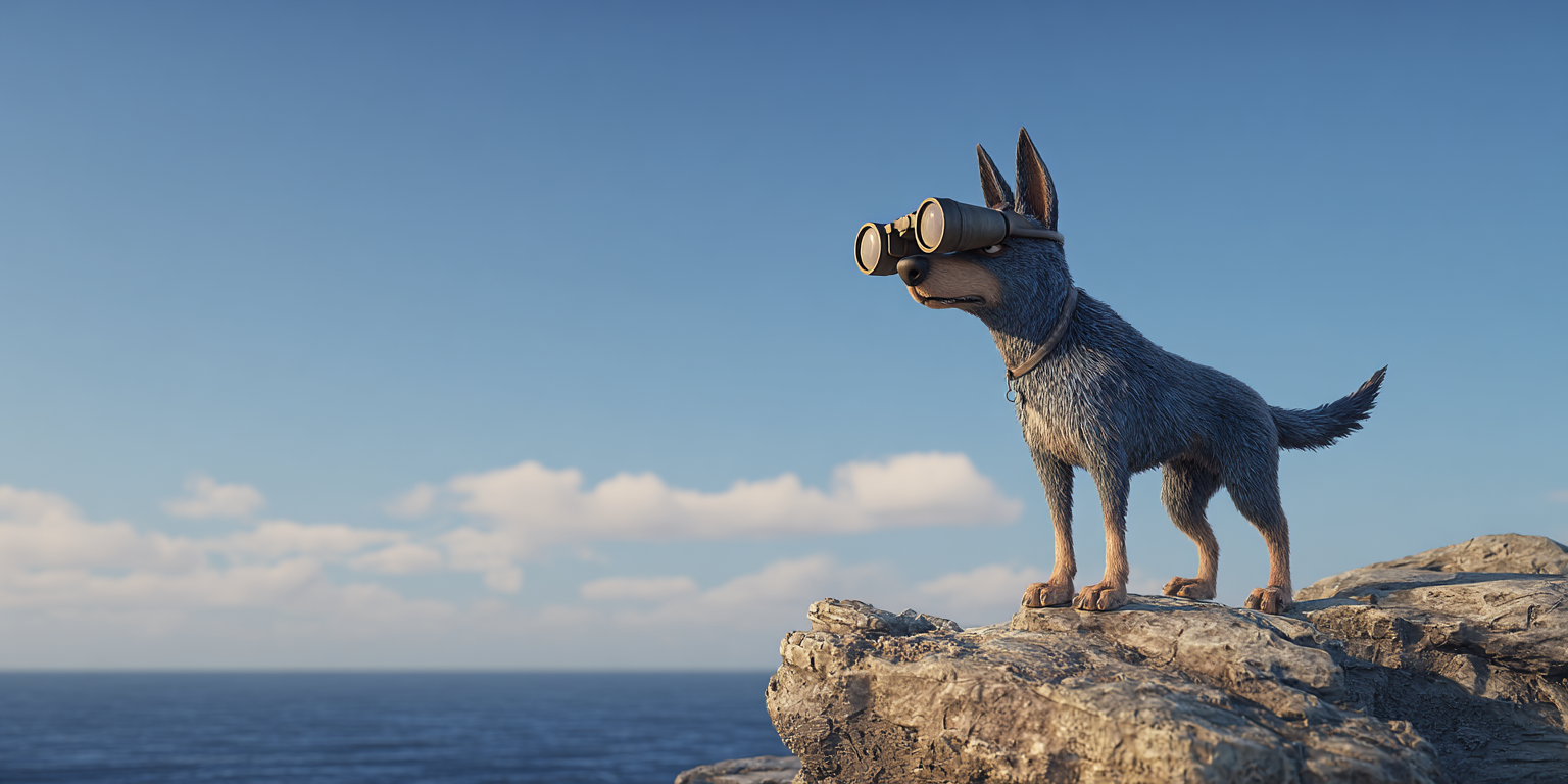 A dog wearing a virtual reality headset is standing on top of a rock overlooking the ocean.