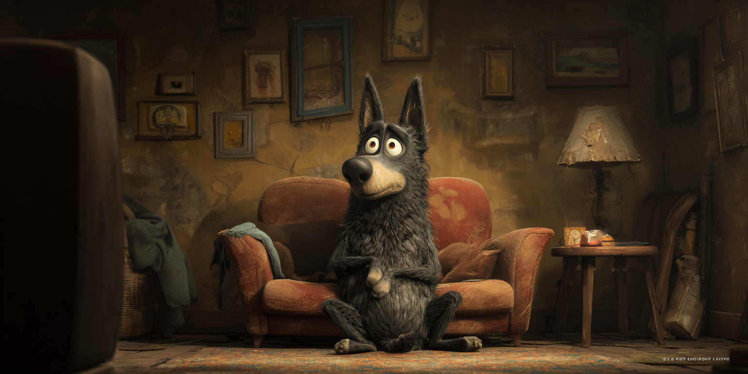 A cartoon dog is sitting on a couch in a living room.