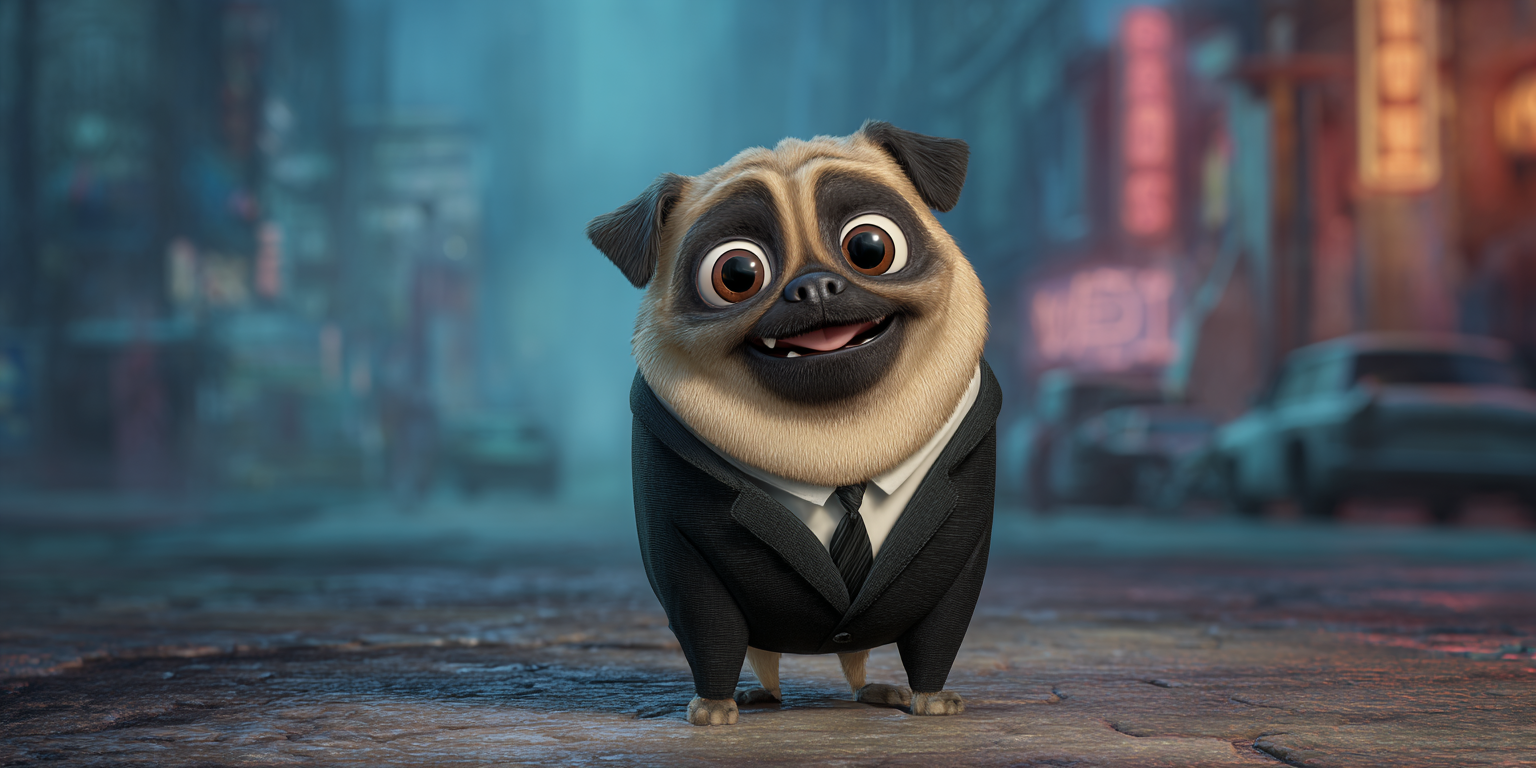 A pug dog wearing a suit and tie is standing on a city street.