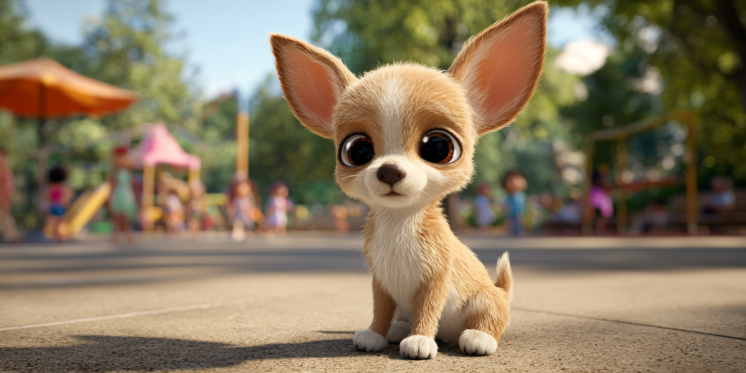 A small chihuahua dog is sitting on the sidewalk in a park.
