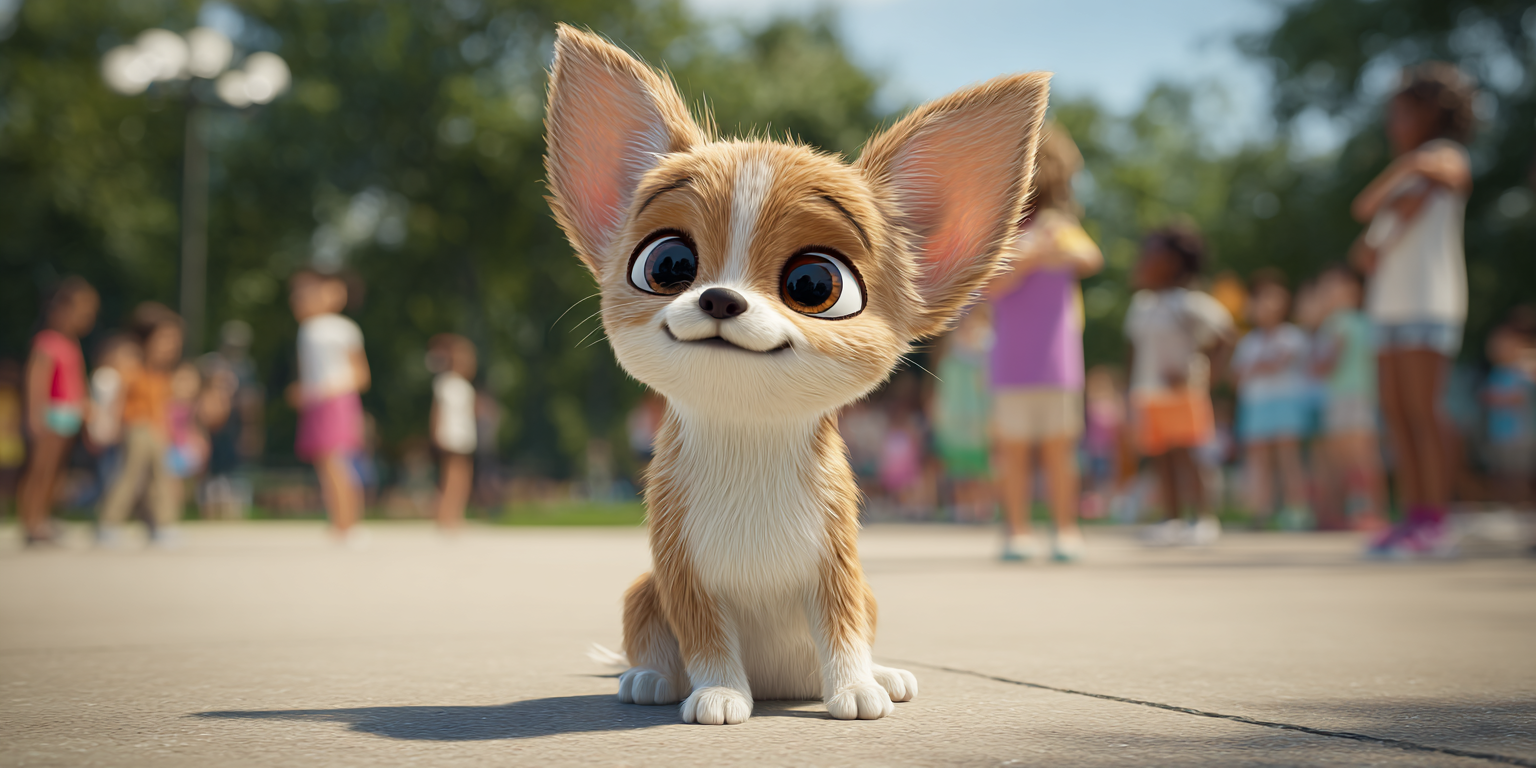 A cartoon chihuahua is sitting on the sidewalk in front of a crowd of people.