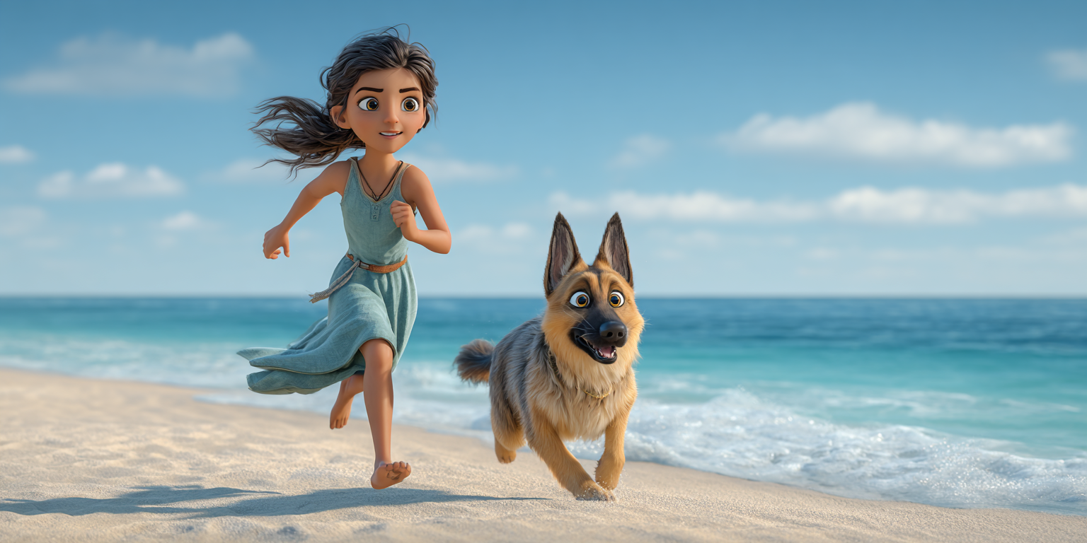 A young girl and a German Shepherd dog run on a sandy beach towards the right. The ocean and sky are blue.