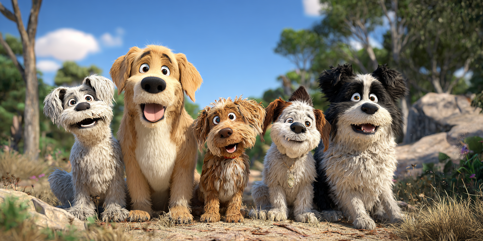 Five animated dogs sitting in a field, smiling. They have varied fur colors and expressions, with a blue sky in the background.