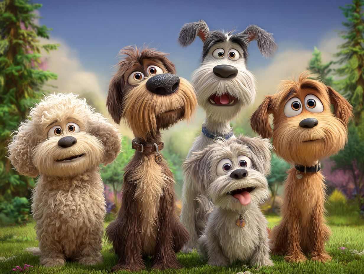 Five cartoon dogs of various breeds smiling on a brick path in front of a village setting
