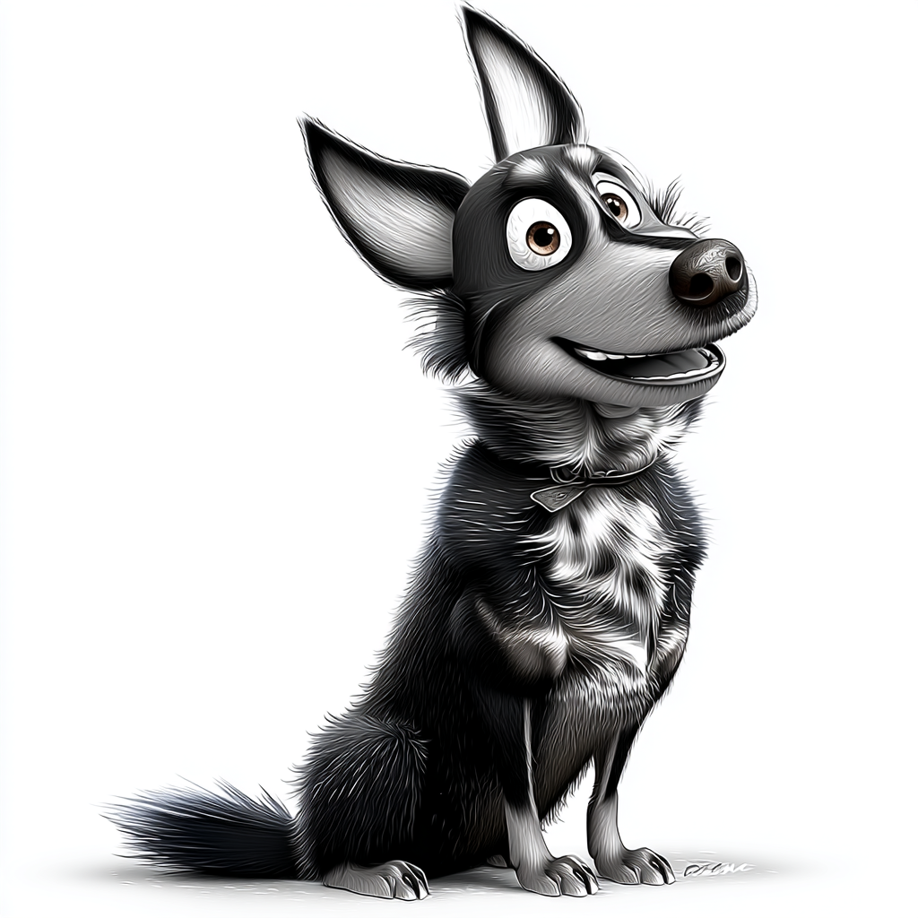 Cartoon dog with black fur, large ears, and a friendly expression, sitting against a white background.