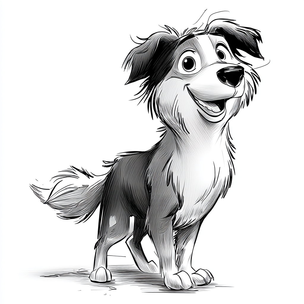 Smiling cartoon dog with black and white fur, standing with a happy expression.